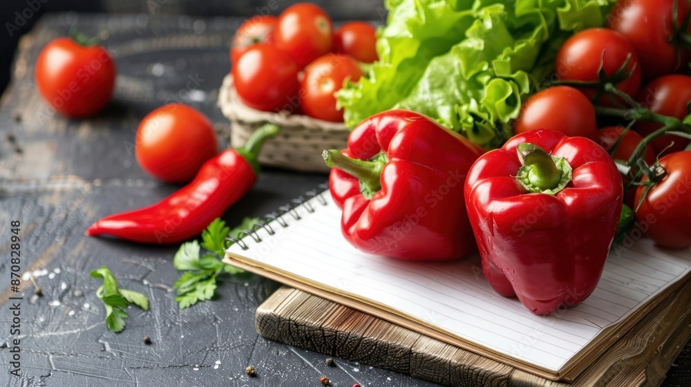 Fresh vegetables on the table, notepad, imitation food, inflation Fresh vegetables on the table, notepad, imitation food, inflation