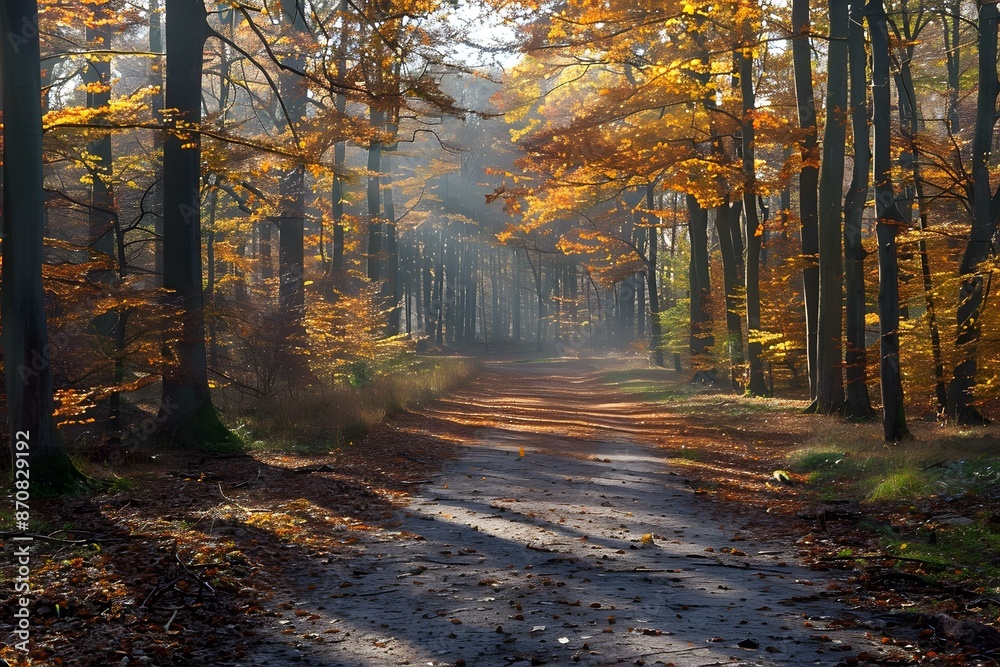 Obraz premium Autumn Forest Path with Sunlight