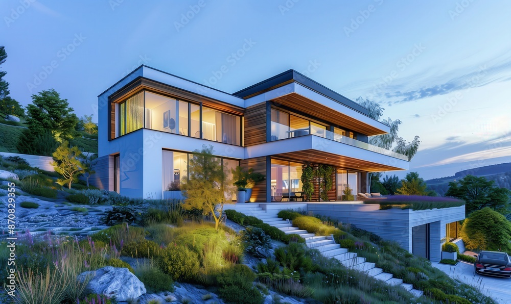 3D rendering of a modern house on a hill with wood and glass details in evening lighting
3D rendering of a modern house on a hill with wood and glass details in evening lighting