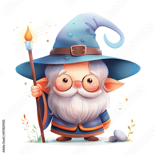 Cute cartoon gnome wizard holding a staff. Adorable magical character with a hat and glasses, ideal for fantasy-themed projects. photo