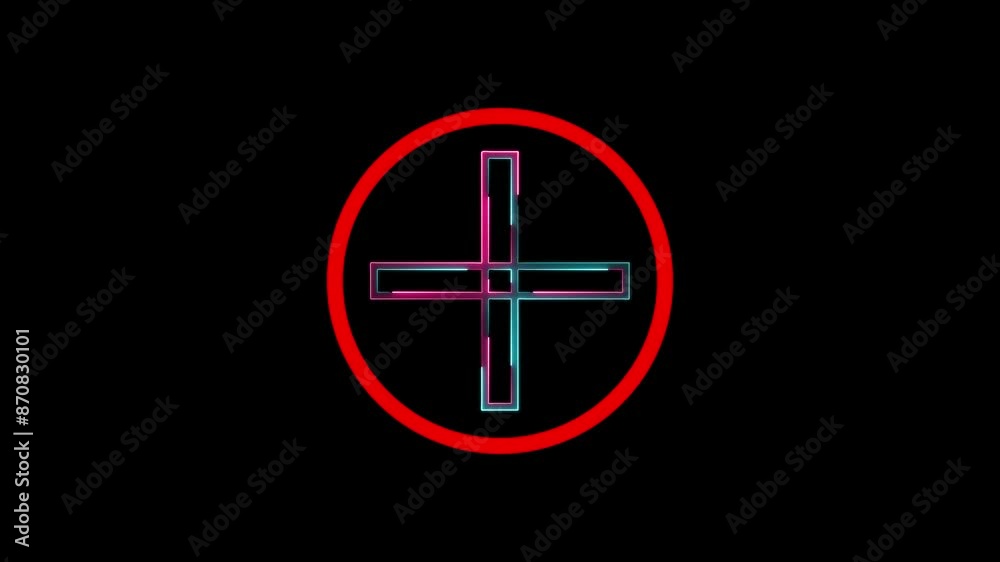 Abstract neon sing plus icon animation on glowing color with black background. Abstract neon sing plus icon animation on glowing color with black background.
