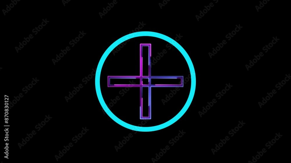 Abstract neon sing plus icon animation on glowing color with black background. Abstract neon sing plus icon animation on glowing color with black background.