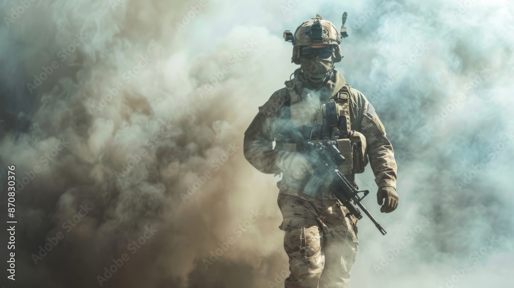 Fototapeta premium Special operations forces soldier, army ranger or commando in camo uniform, helmet and ballistic glasses walking at battlefield