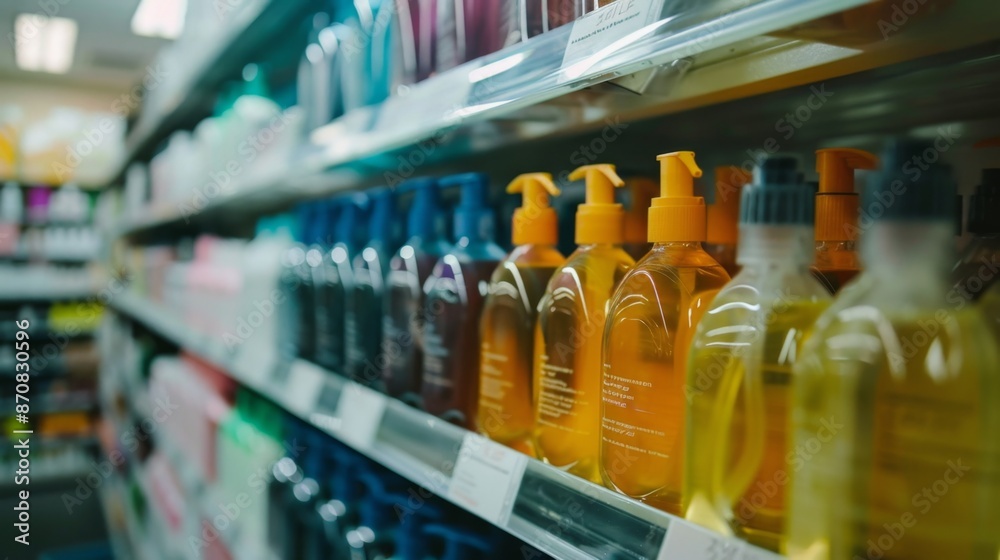 Bottles of shampoo and conditioner on a supermarket shelf. Bottles of shampoo and conditioner on a supermarket shelf.