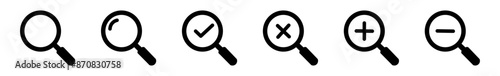  black magnifying glass icons check positive and negative, increase plus or decrease minus icons on white background