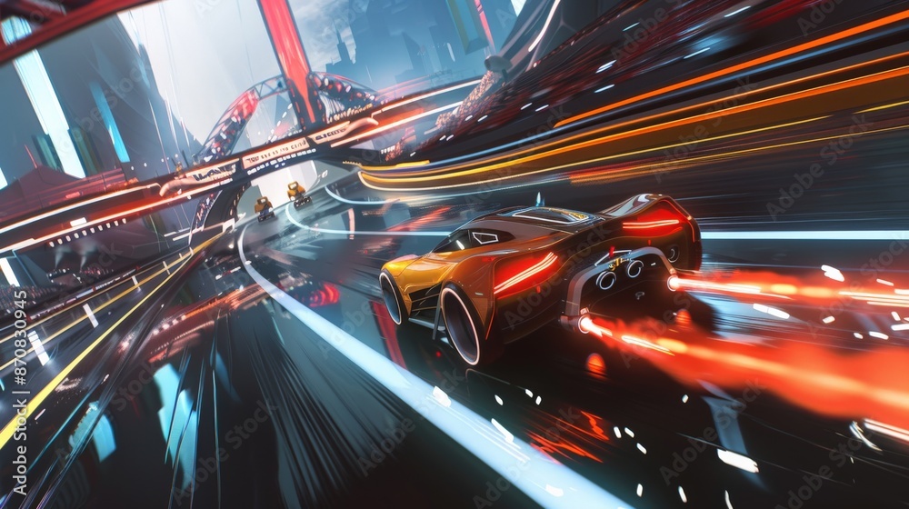 Fototapeta premium Futuristic Race Car in Cityscape.