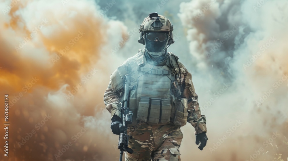 Fototapeta premium Special operations forces soldier, army ranger or commando in camo uniform, helmet and ballistic glasses walking at battlefield