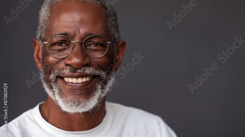 A man with glasses is smiling and looking at the camera. He is wearing a white shirt and has a beard