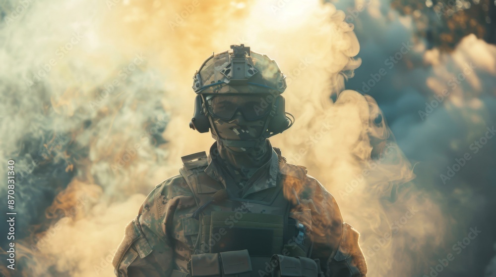 Special operations forces soldier, army ranger or commando in camo uniform, helmet and ballistic glasses walking at battlefield Special operations forces soldier, army ranger or commando in camo uniform, helmet and ballistic glasses walking at battlefield