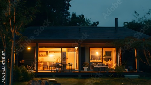 Serene Muji House Exterior at Night with Warm Inviting Lighting