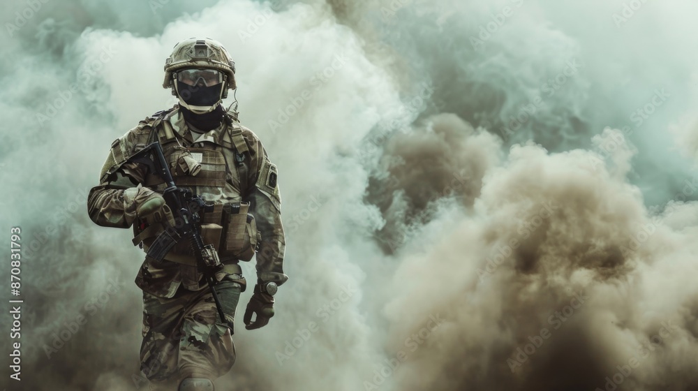 Special operations forces soldier, army ranger or commando in camo uniform, helmet and ballistic glasses walking at battlefield Special operations forces soldier, army ranger or commando in camo uniform, helmet and ballistic glasses walking at battlefield