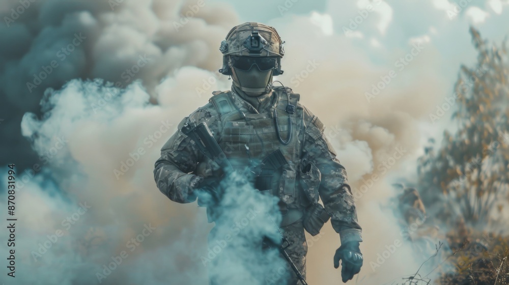 Fototapeta premium Special operations forces soldier, army ranger or commando in camo uniform, helmet and ballistic glasses walking at battlefield
