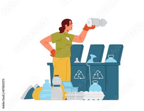 Woman eco volunteer sorting plastic garbage flat vector illustration isolated on white. Woman standing on knees among plastic litter looking on marking on a plastic bottle.