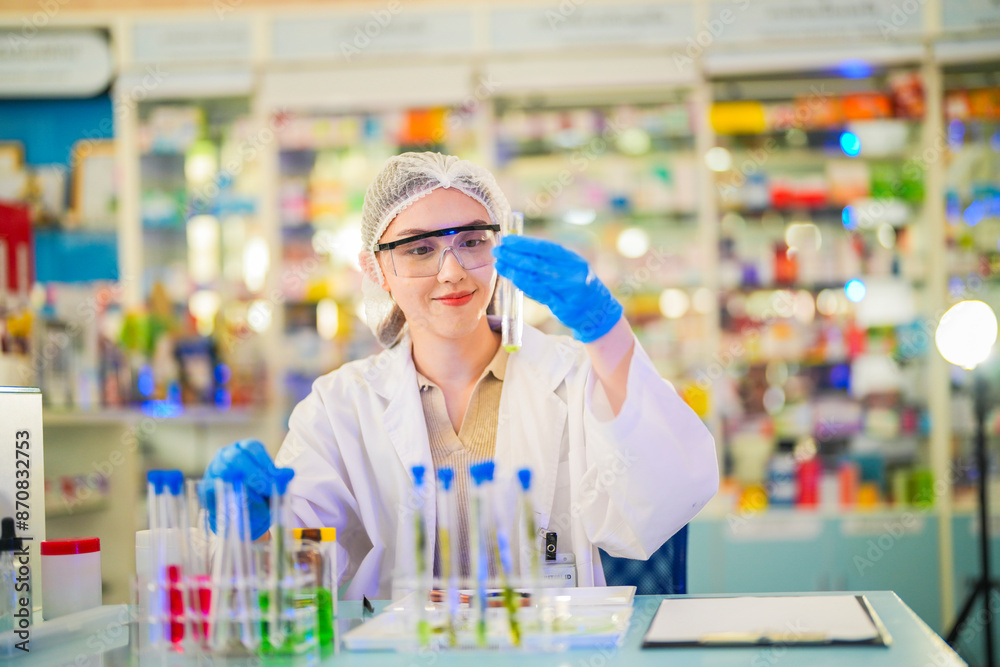 female scientist Experimenting through tubes of chemical liquids and plant samples. In a laboratory with test samples in the background in a modern laboratory By testing safely and cleanly. female scientist Experimenting through tubes of chemical liquids and plant samples. In a laboratory with test samples in the background in a modern laboratory By testing safely and cleanly.