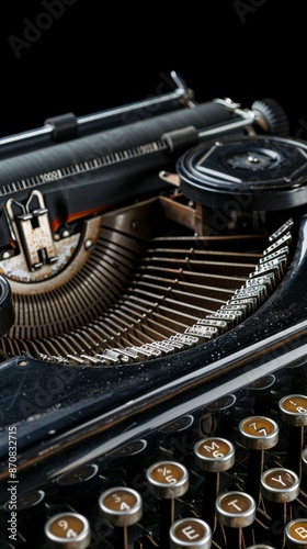 Close-up of vintage typewriter with black background, mechanical details. Retro technology and communication concept