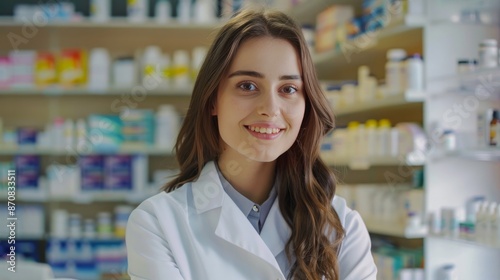 Happy female pharmacist working in pharmacy and looking at camera