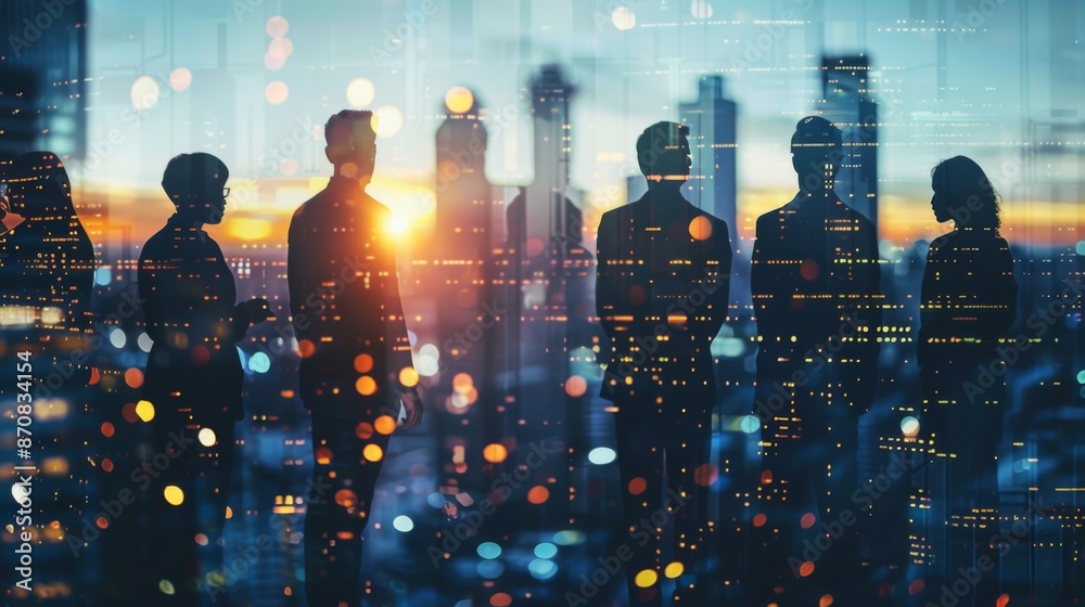 Partnership Success Visualization: Business Group Meeting Over Cityscape Partnership Success Visualization: Business Group Meeting Over Cityscape