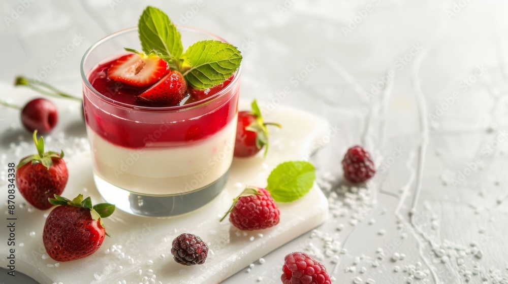 Strawberry and cream panna cotta in glass with fresh berries on a marble board on a light background with shadow Strawberry and cream panna cotta in glass with fresh berries on a marble board on a light background with shadow