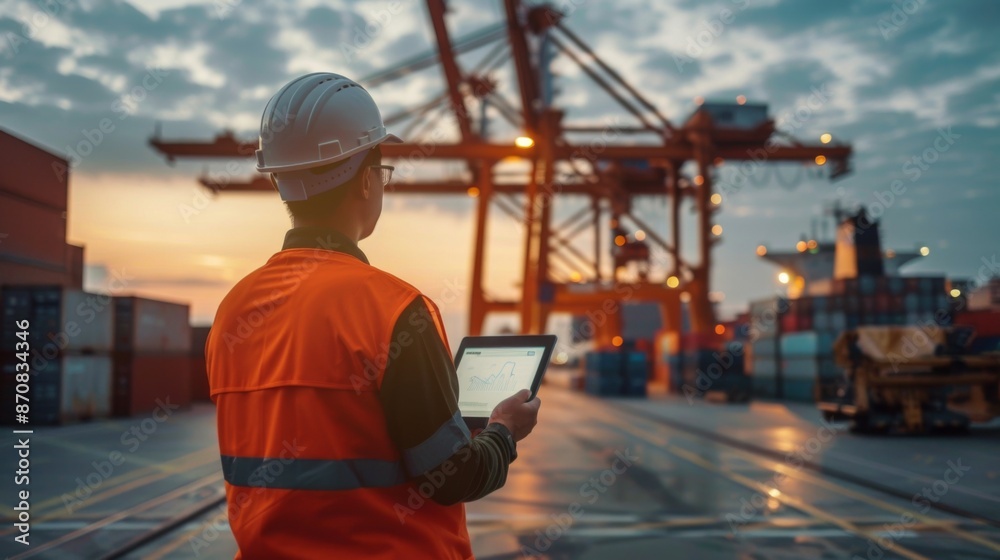 Logistics Container Dock Operation in Shipyard, Engineer in Uniform Conducting Inspection with Tablet Logistics Container Dock Operation in Shipyard, Engineer in Uniform Conducting Inspection with Tablet