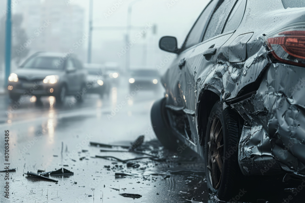 Damaged vehicle on city street. Close-up of car with damage after road traffic accident caused by dangerous driving at high speed Damaged vehicle on city street. Close-up of car with damage after road traffic accident caused by dangerous driving at high speed