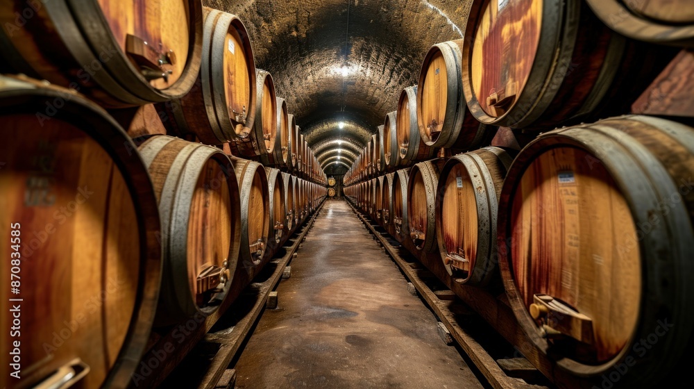 Wine cellar. Wine or whiskey barrels. French wooden barrels Wine cellar. Wine or whiskey barrels. French wooden barrels