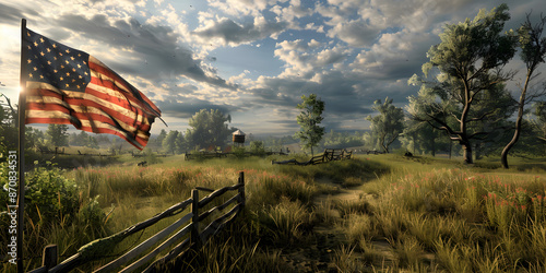 A historic battlefield with an American flag.


