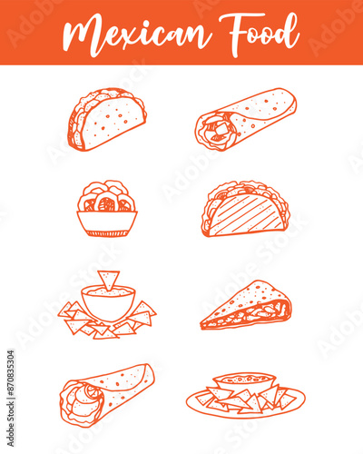 Mexican food menu set orange color linear illustration