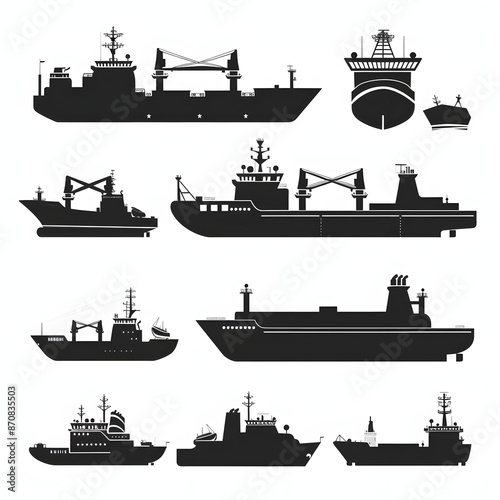 offshore vessels icon set. offshore ships silhouette on white. vector illustration isolated on white background, flat design, png