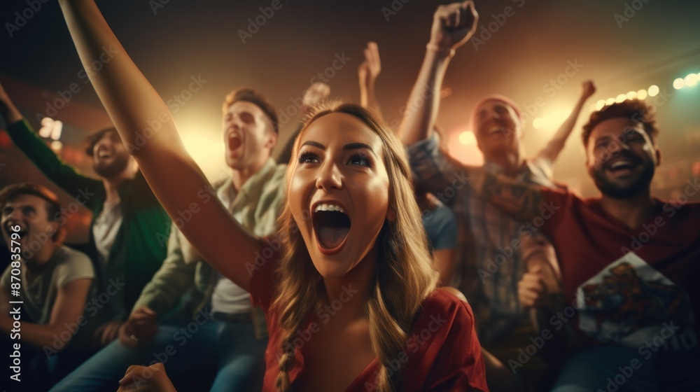 Fototapeta premium Group of Caucasian friends sitting on sofa watching and cheering on sports match on TV together at home.