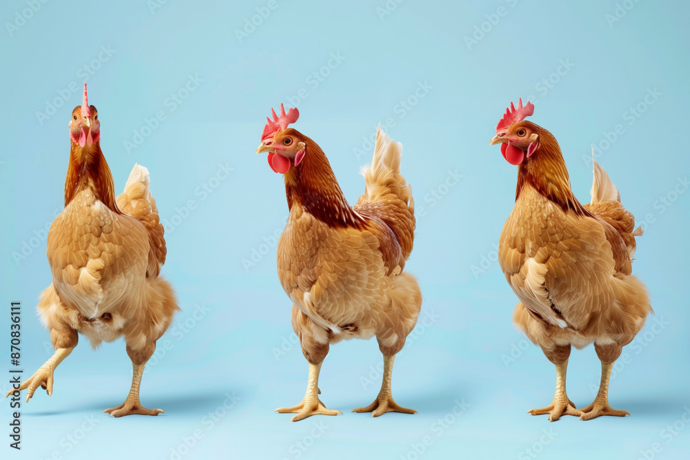 Fototapeta premium Three Brown Hens on Blue Background
