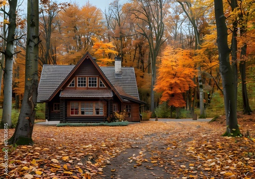 A cabin in the woods in the fall