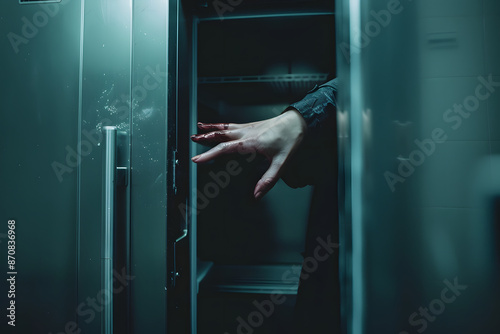 womans hand coming out of a walk in freezer in a resteruant basement photo