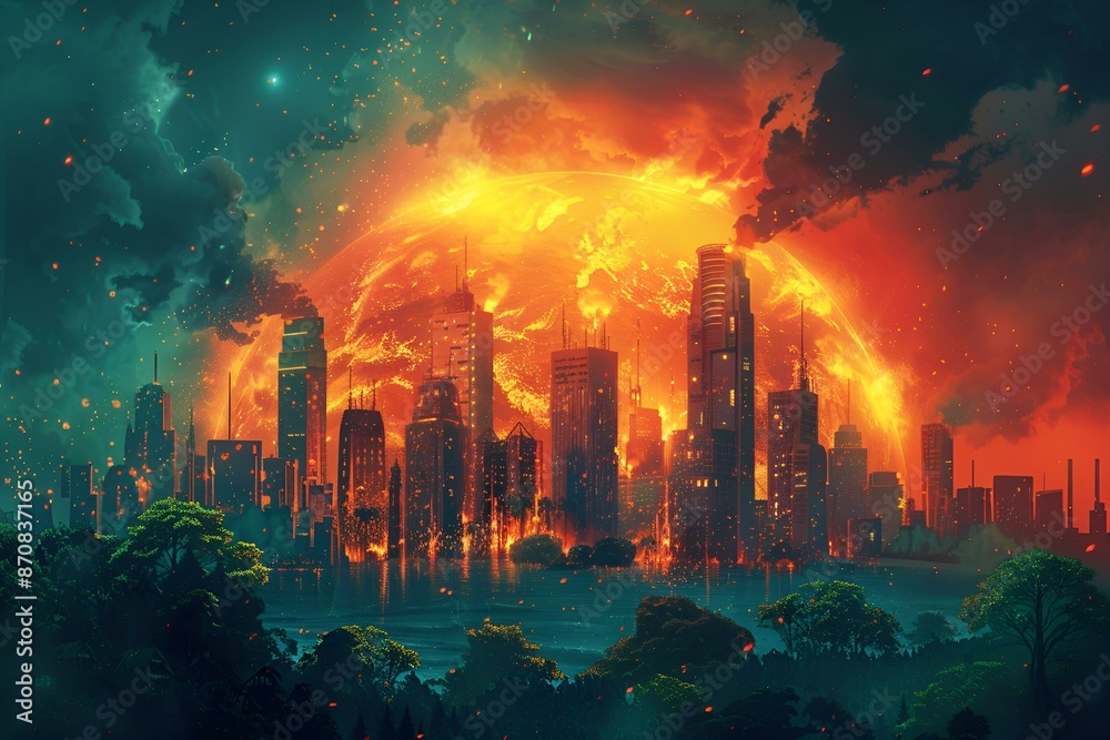 Fototapeta premium A vibrant orange sun setting over a city skyline with trees and buildings.