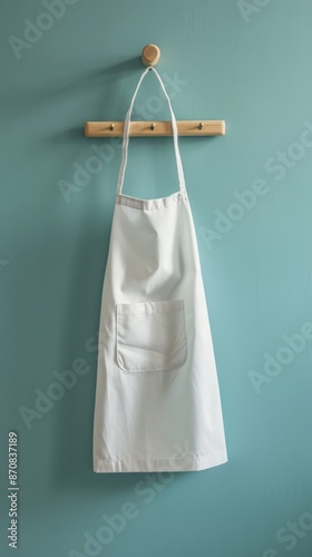 White apron hanging on wooden hook against blue wall, minimalist home decor concept