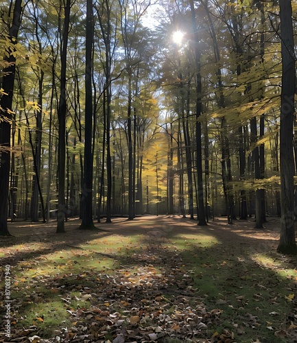 The sun shines through the tall trees in the forest photo