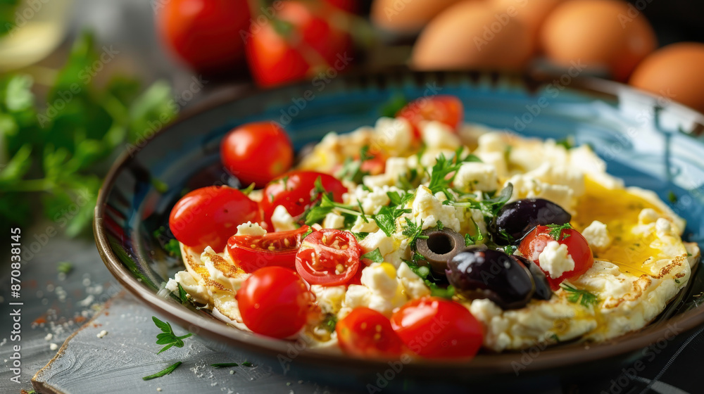Close-up of a delicious Greek omelette with cherry tomatoes, feta cheese, olives, and parsley on a blue plate Close-up of a delicious Greek omelette with cherry tomatoes, feta cheese, olives, and parsley on a blue plate