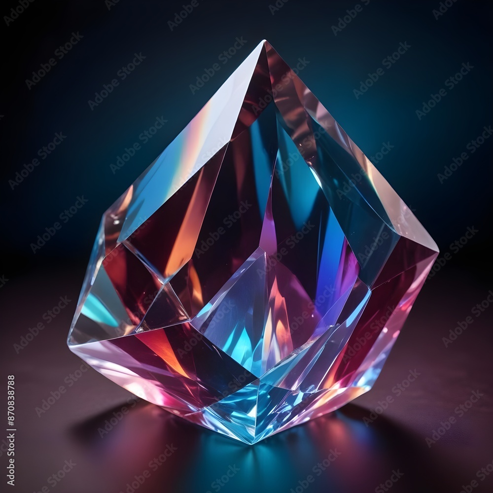 A large, colorful crystal prism with a glowing, rainbow-like effect against a dark background A large, colorful crystal prism with a glowing, rainbow-like effect against a dark background