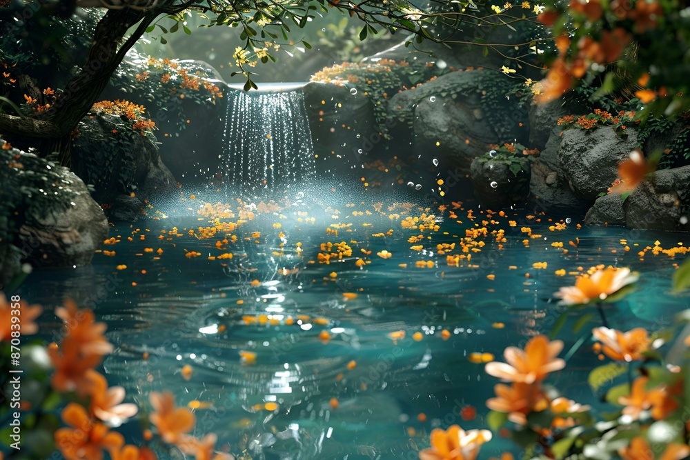 A scenic waterfall framed by orange flowers and lush trees in a serene natural setting. A scenic waterfall framed by orange flowers and lush trees in a serene natural setting.