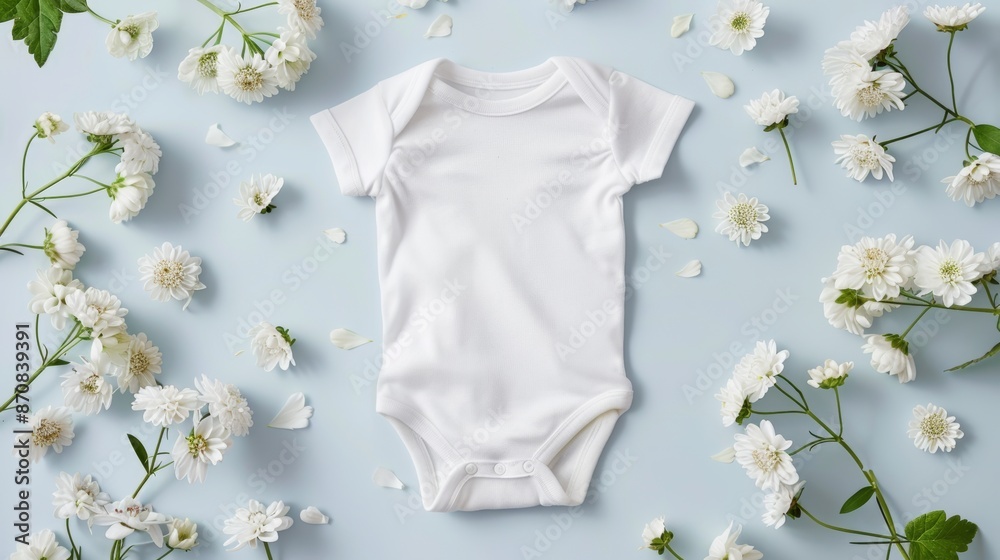 White baby onesie surrounded by white flowers on a light blue background. Newborn clothing and floral arrangement concept White baby onesie surrounded by white flowers on a light blue background. Newborn clothing and floral arrangement concept