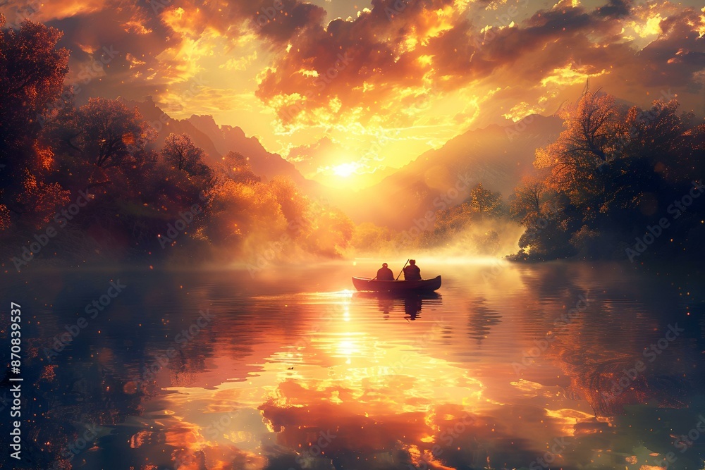 A couple enjoying a sunset boat ride on a serene lake. A couple enjoying a sunset boat ride on a serene lake.