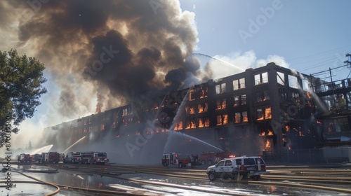 Thick smoke pours from the burning building, a stark reminder of the destructive power of fire. © peerawat