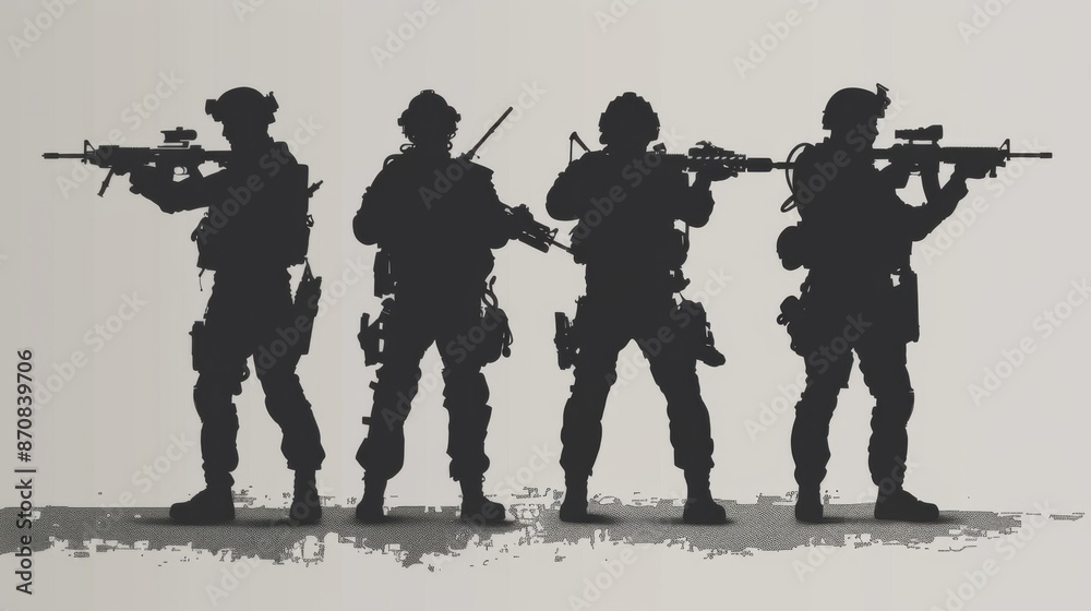 Team special forces. soldier assault rifle with silencer.Silhouette action soldiers hold weapons.military and danger concept Team special forces. soldier assault rifle with silencer.Silhouette action soldiers hold weapons.military and danger concept