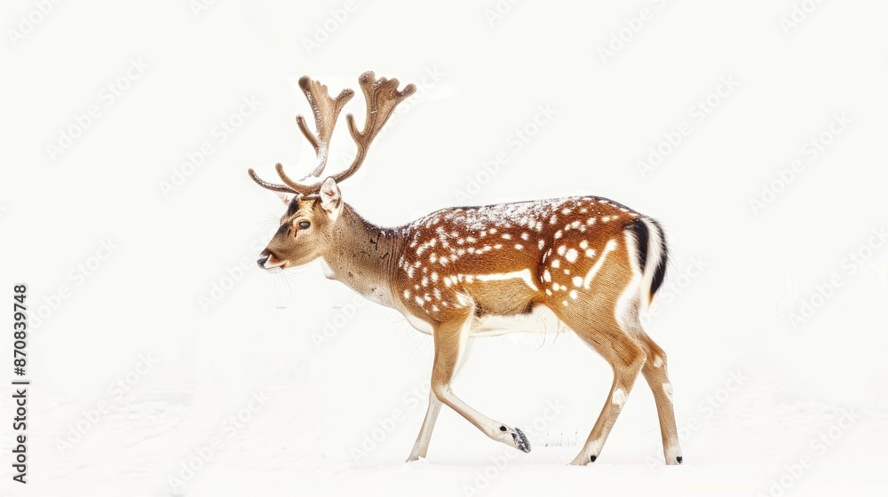 Spotted deer walking in snow on white backdrop Spotted deer walking in snow on white backdrop