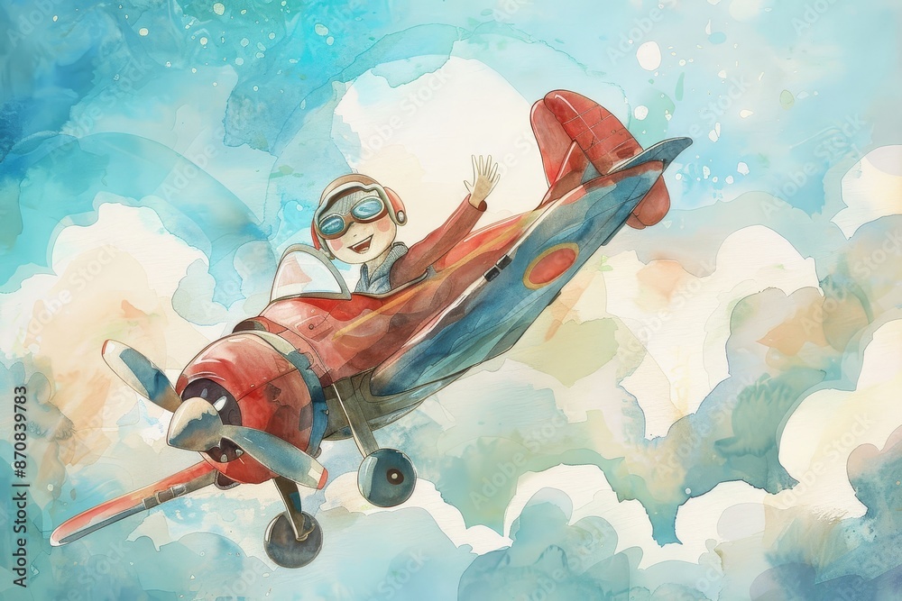 Naklejka premium Happy Boy Flying in a Red Airplane - A cartoon boy with a joyful expression is flying in a red airplane against a watercolor sky. - A cartoon boy with a joyful expression is flying in a red airplane a