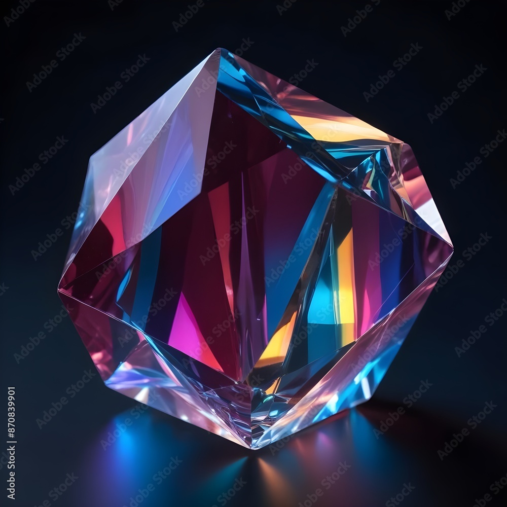 A large, colorful crystal prism with a glowing, rainbow-like effect against a dark background
A large, colorful crystal prism with a glowing, rainbow-like effect against a dark background