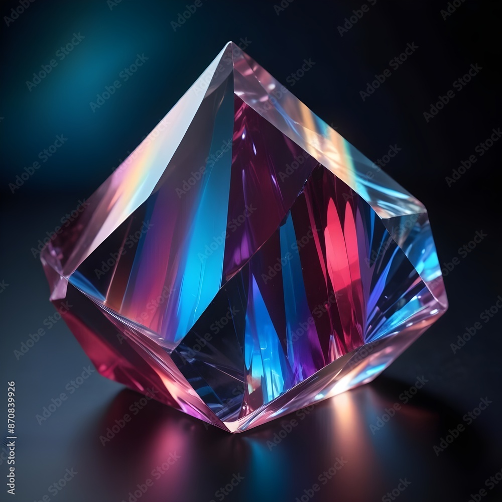 A large, colorful crystal prism with a glowing, rainbow-like effect against a dark background
A large, colorful crystal prism with a glowing, rainbow-like effect against a dark background