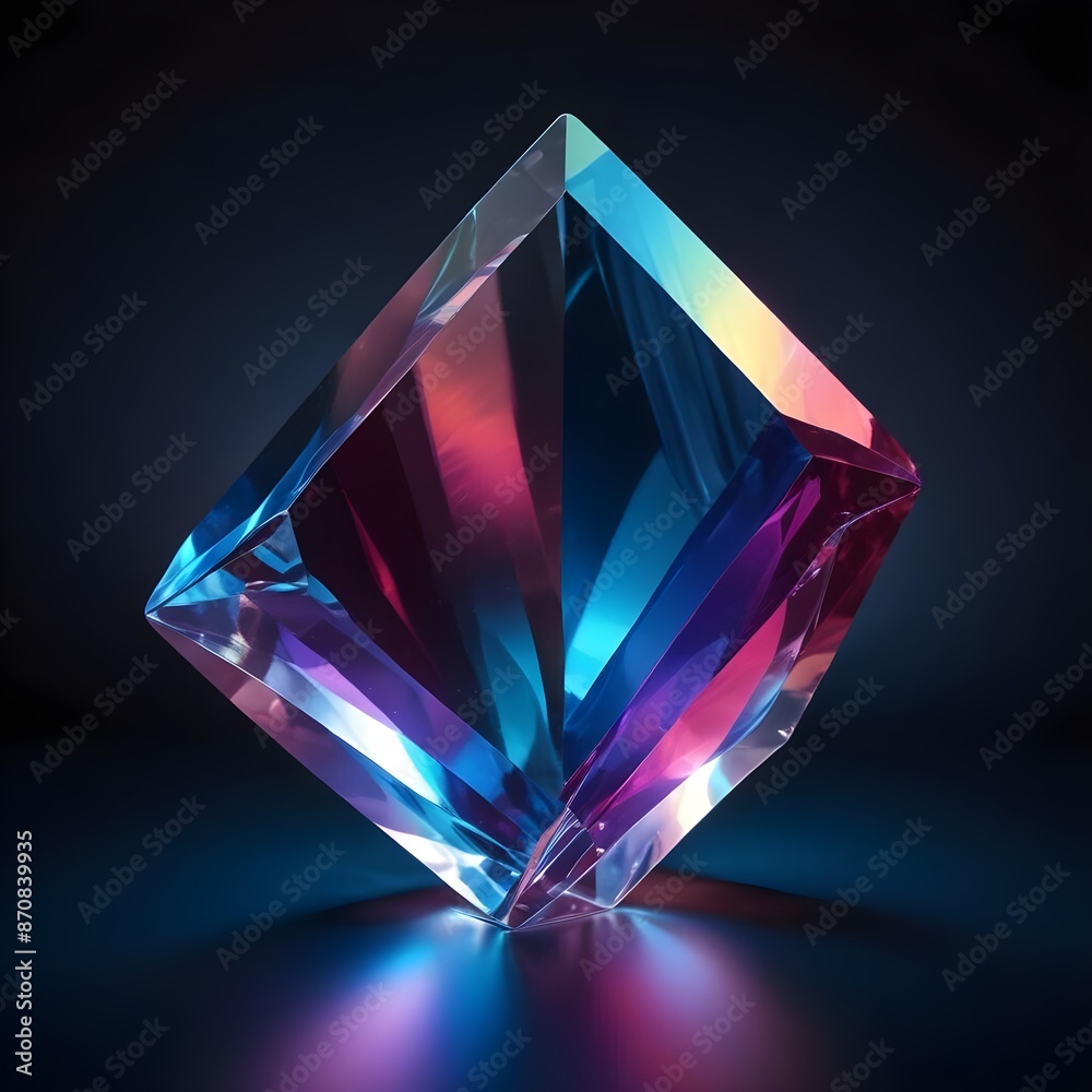 A large, colorful crystal prism with a glowing, rainbow-like effect against a dark background
A large, colorful crystal prism with a glowing, rainbow-like effect against a dark background