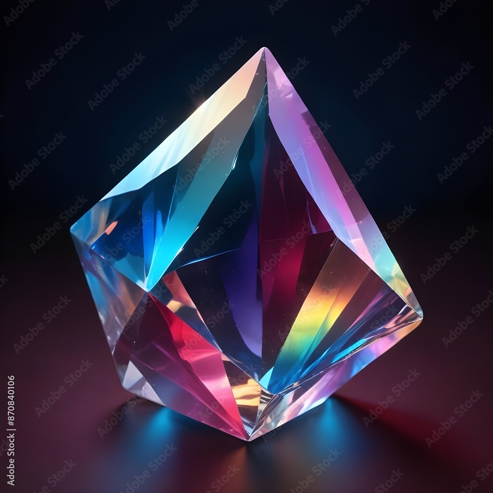 A large, colorful crystal prism with a glowing, rainbow-like effect against a dark background
A large, colorful crystal prism with a glowing, rainbow-like effect against a dark background