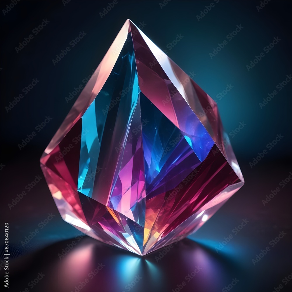 A large, colorful crystal prism with a glowing, rainbow-like effect against a dark background
A large, colorful crystal prism with a glowing, rainbow-like effect against a dark background