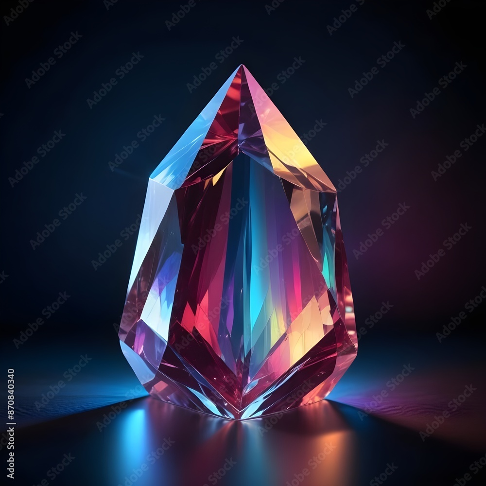 A large, colorful crystal prism with a glowing, rainbow-like effect against a dark background
A large, colorful crystal prism with a glowing, rainbow-like effect against a dark background
